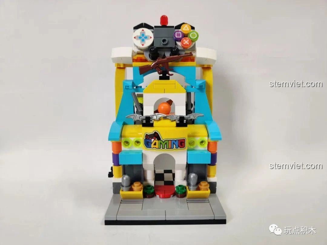 Toàn bộ 4 mô hình Bộ Lắp Ghép Phố Mini Sembo Block 601051-601054 được kết hợp lại, nhìn từ góc cao, tạo nên một cảnh quan đô thị thu nhỏ.