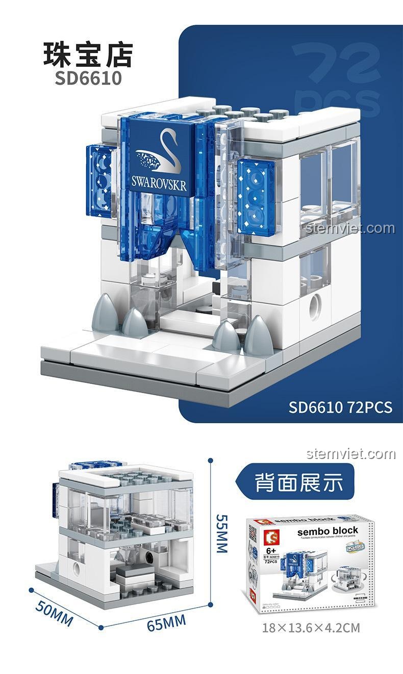 Mô hình cửa hàng trang sức mini SEMBO Block SD6610 với 72 mảnh ghép, kích thước 6.5x5x5.5cm, đồ chơi lắp ráp giúp bé 6 tuổi phát triển tư duy.
