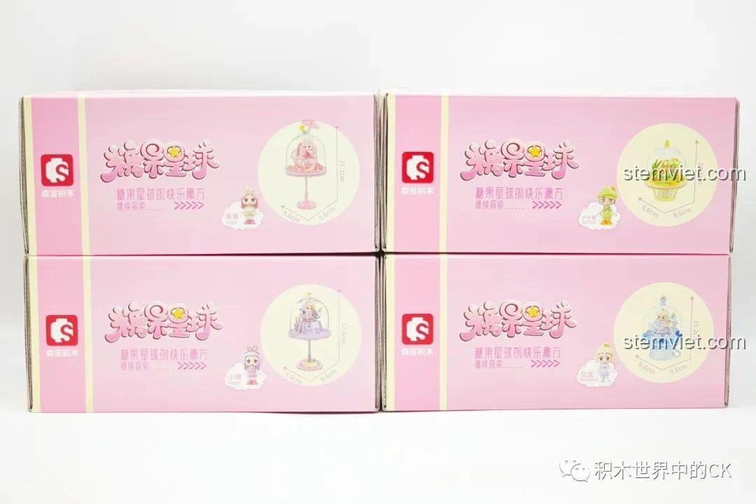 Mặt sau các hộp đồ chơi lắp ráp đèn ngủ dễ thương Sembo Candy Planet Series, hiển thị thông tin kích thước và chi tiết sản phẩm.