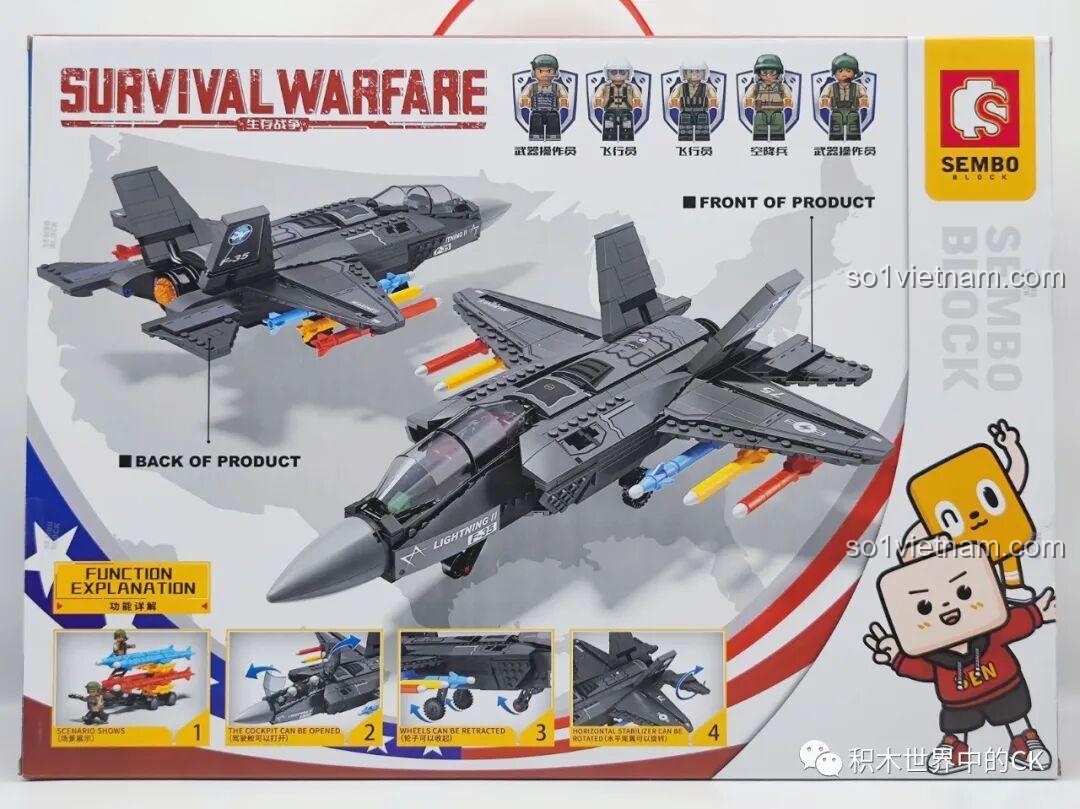 Mặt sau hộp đồ chơi lắp ráp Máy bay chiến đấu F-35 Lightning II SEMBO 207125 hiển thị các tính năng nổi bật.