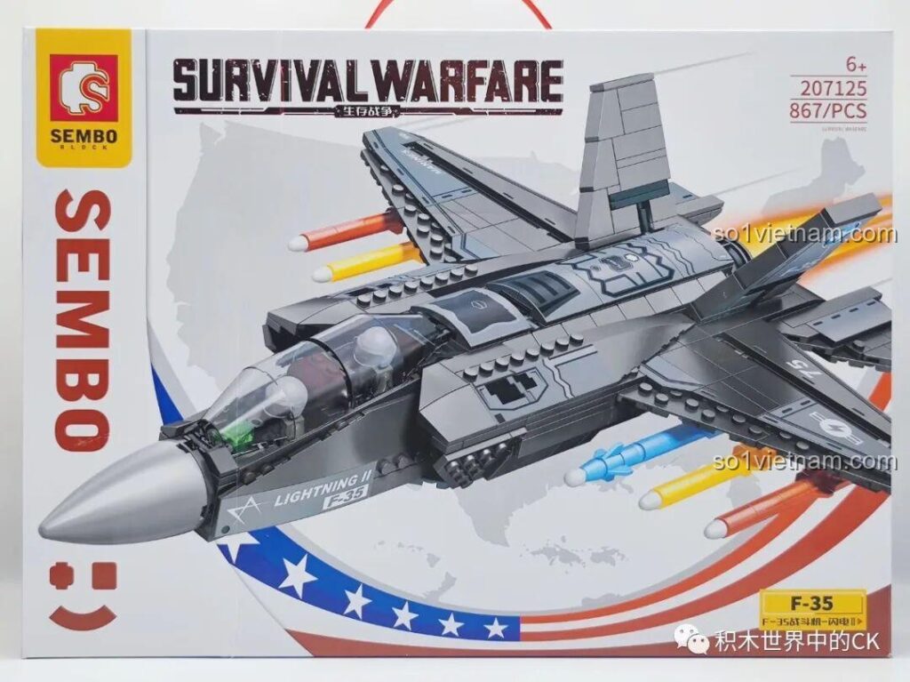 Hộp đồ chơi lắp ráp Máy bay chiến đấu F-35 Lightning II SEMBO 207125 với hình ảnh máy bay và thông tin sản phẩm.