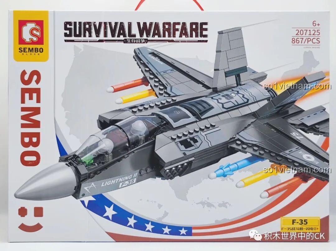Hộp đồ chơi lắp ráp Máy bay chiến đấu F-35 Lightning II SEMBO 207125 với hình ảnh máy bay và thông tin sản phẩm.