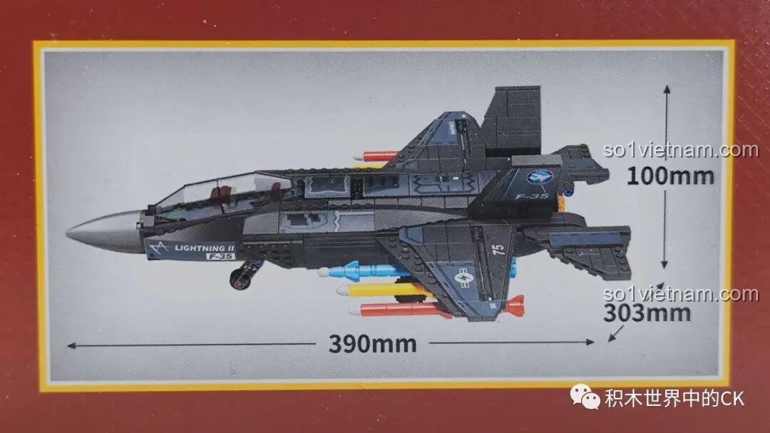 Thông số kích thước chi tiết của mô hình Máy bay chiến đấu F-35 Lightning II SEMBO 207125 trên hộp.