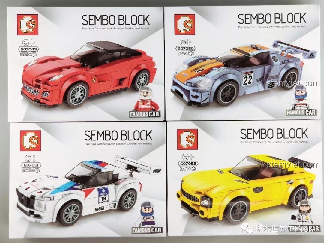 Bộ 4 hộp đồ chơi lắp ráp Sembo Famous Car series 607049-607052, bao gồm xe đỏ, xám, trắng BMW Z4 và vàng.