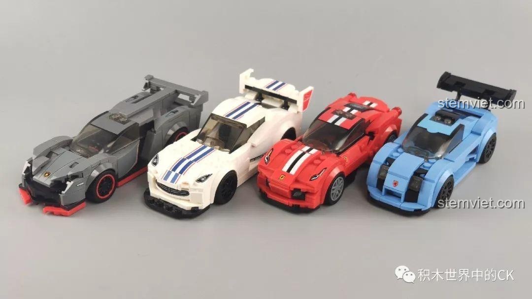 Bộ sưu tập bốn mô hình xe đua SEMBO Famous Car đã lắp ráp, bao gồm Siêu xe Ferrari 488 Pista, đồ chơi lắp ráp chất lượng cao.