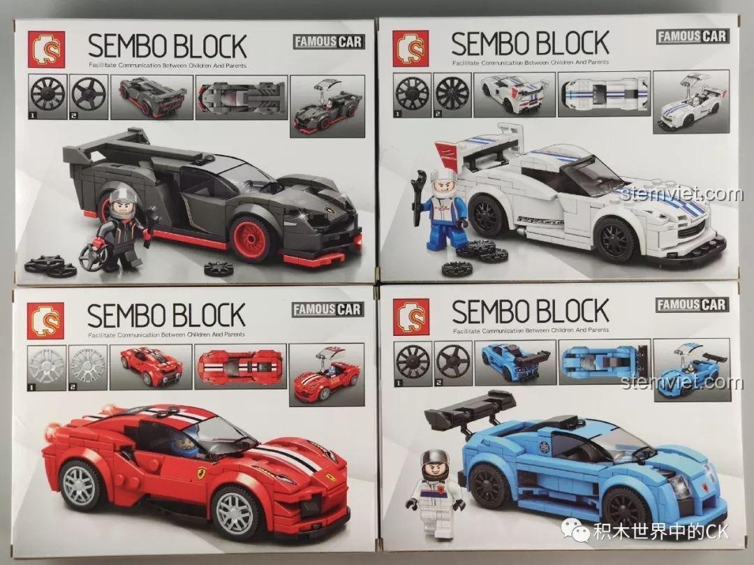 Bốn mô hình xe đua SEMBO đã lắp ráp, bao gồm Siêu xe Ferrari 488 Pista, đồ chơi lắp ráp chất lượng cao.