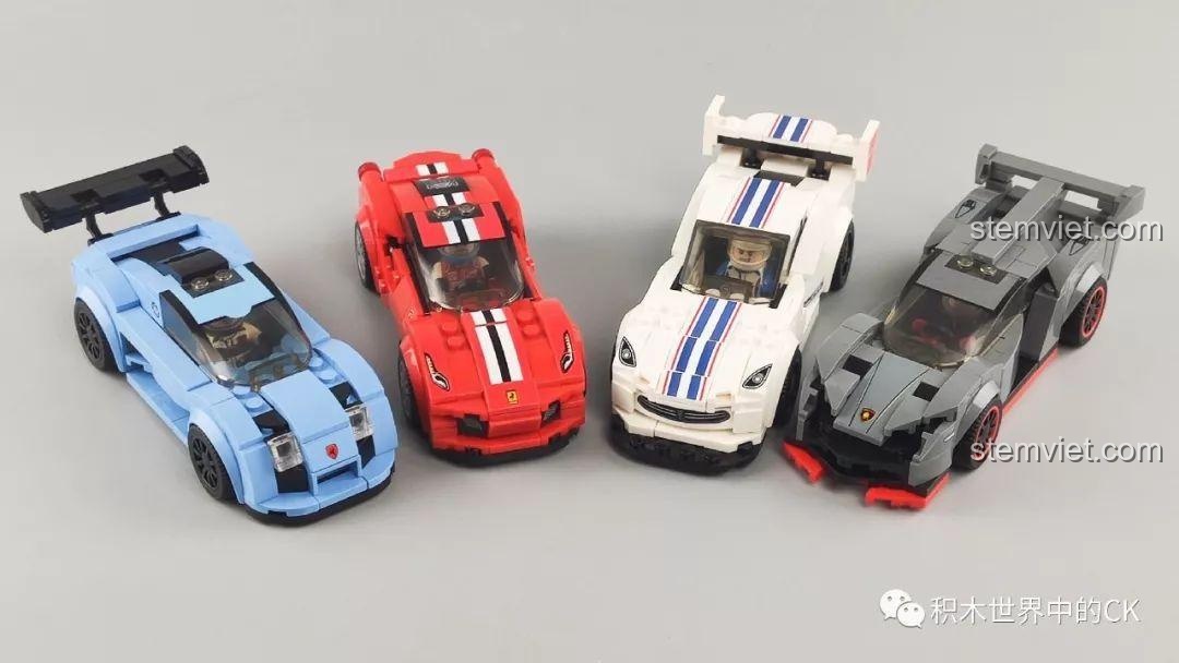 Bốn mô hình siêu xe SEMBO Famous Car Series nhìn từ phía trước, thể hiện sự mạnh mẽ.