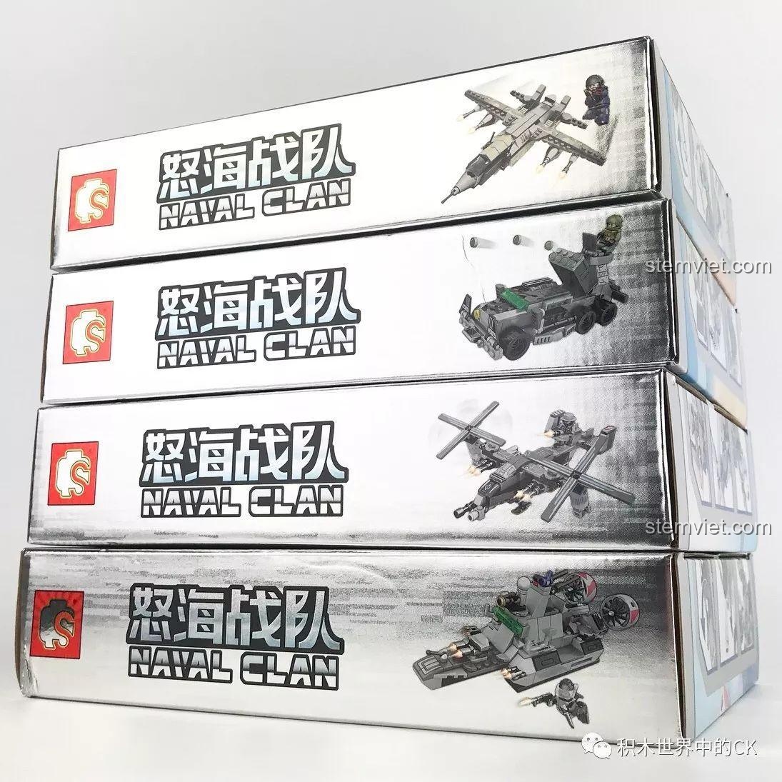 Chồng 4 hộp bộ lắp ghép SEMBO Naval Clan, bao gồm SEMBO 12172 Xe Tên Lửa Siêu Thanh, thể hiện sự tiện lợi và giá trị cao cho bé trai 6 tuổi.