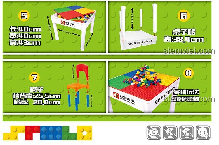 4 tính năng nổi bật của bàn học đa năng SEMBO S1999: mặt lắp ráp, ngăn chứa, mặt học tập, lật 2 mặt.