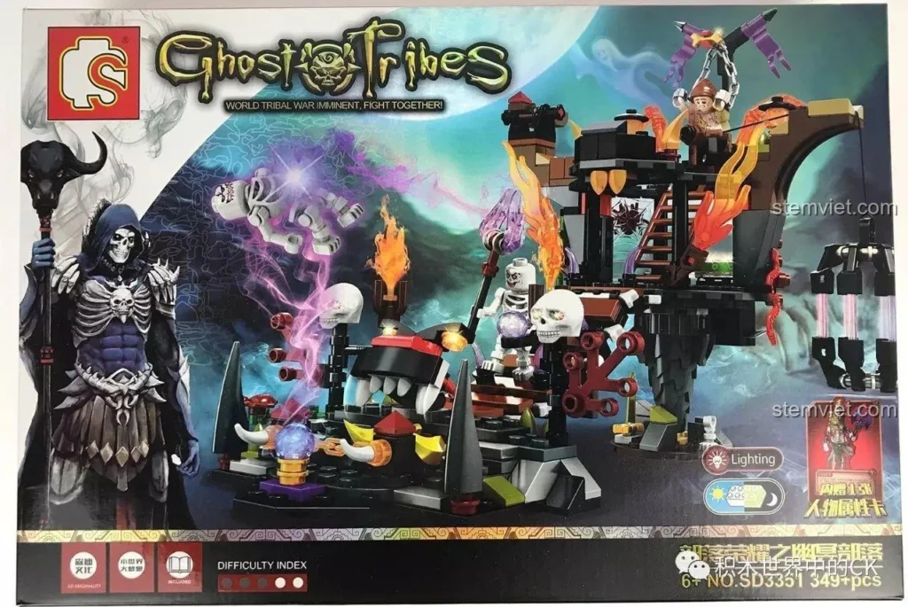 Hộp đồ chơi lắp ráp SEMBO SD3351 Lâu Đài U Minh - Bàn Thờ Tế Lễ với hình ảnh pháo đài ma quái và các nhân vật, nổi bật tính năng đèn LED.