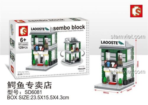 Hộp đồ chơi mô hình SD6081 Cửa hàng Laooste mini SEMBO, thể hiện kích thước và cách mở mô hình.