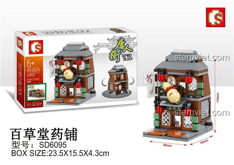 Hộp và kích thước bộ xếp hình Hiệu thuốc bắc Phố Tàu Sembo 6095, gồm 124 chi tiết, chất lượng cao.