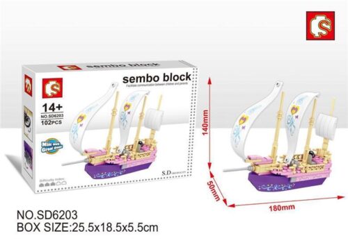 Hộp và kích thước bộ lắp ghép Thuyền Buồm Mộng Mơ SEMBO SD6203, đồ chơi xếp hình giá rẻ cho con gái 14+ tuổi.