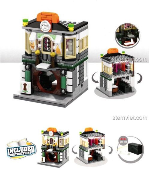 Mô hình Cửa hàng Vải 6540 sau khi lắp ráp, có thể mở ra và có đèn LED đi kèm. Đồ chơi sáng tạo cho bé gái.