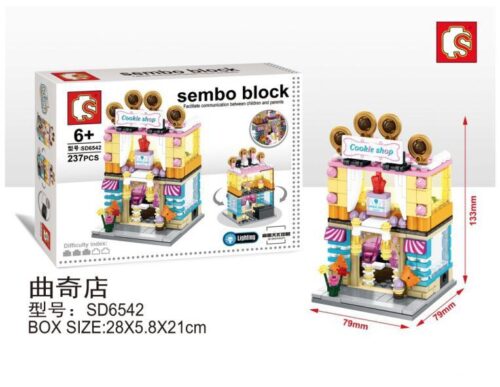 Hộp và mô hình hoàn thiện của bộ lắp ghép SEMBO SD6542 Cửa hàng bánh quy Cookie Shop, món quà giá rẻ cho bé gái 6 tuổi.