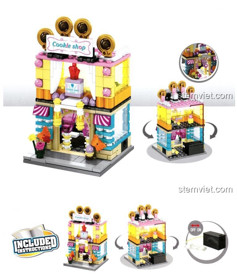 Các tính năng nổi bật của đồ chơi xếp hình SEMBO 6542 Cửa hàng bánh quy, bao gồm đèn LED và thiết kế mở.