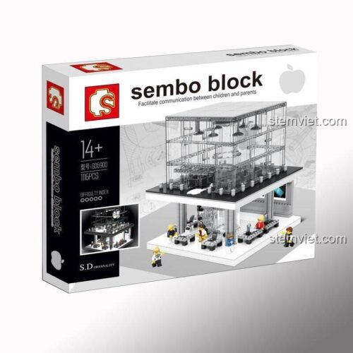 Hộp sản phẩm của bộ xếp hình Sembo SD6900, hiển thị mô hình Cửa hàng Apple Store và thông tin 1116 mảnh ghép, độ tuổi 14+.
