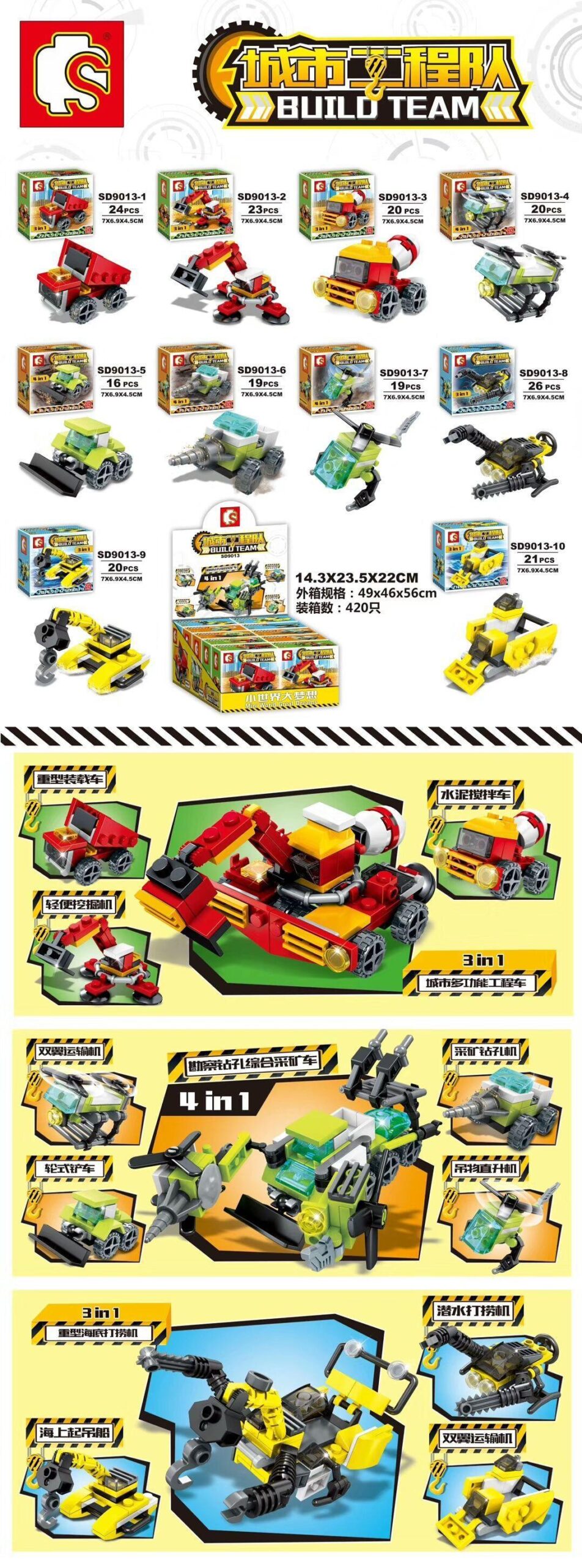 Đồ chơi xây dựng SEMBO SD9013-5 đến SD9013-8, bộ lắp ghép phương tiện xây dựng, chất lượng tốt.