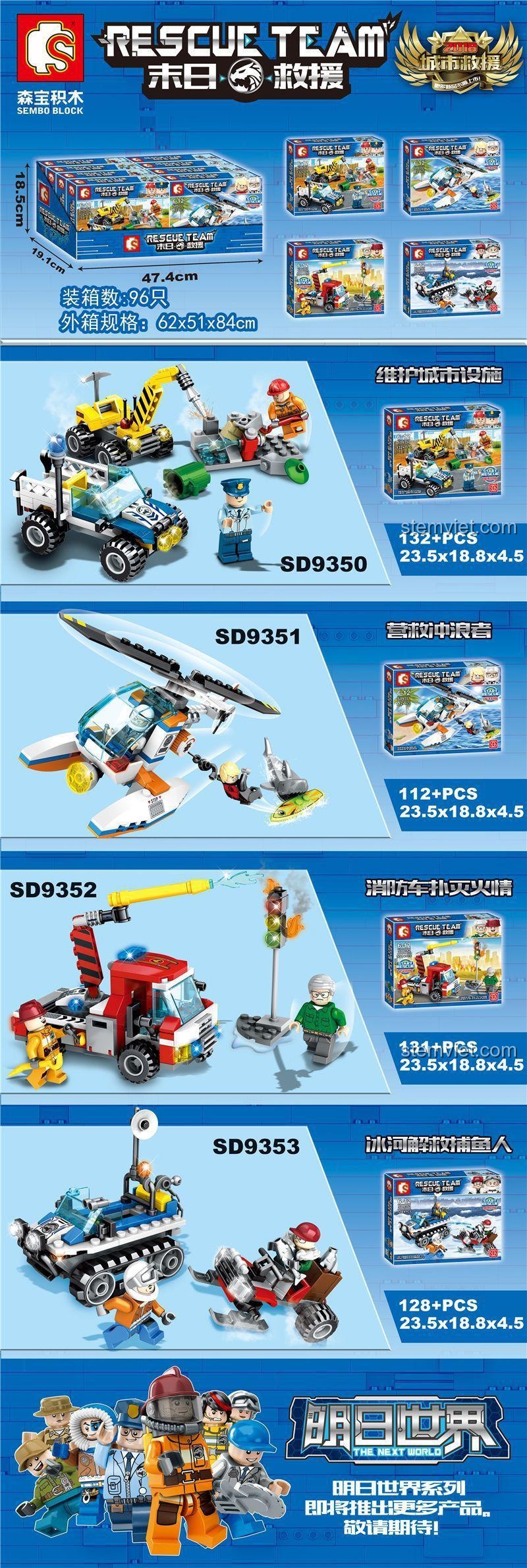 Chi tiết 4 mô hình trong bộ lắp ráp SEMBO Đội Cứu Hộ, đặc biệt là đồ chơi xếp hình SEMBO SD9351 Trực Thăng Cứu Hộ Bờ Biển với 112 chi tiết, giá rẻ.