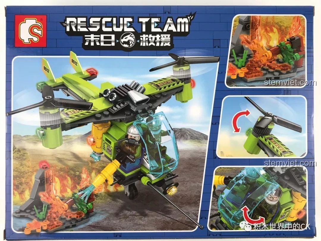 Hộp sản phẩm bộ lắp ráp Sembo SD9512 Trực thăng Cứu Hộ Núi Lửa với 235 mảnh ghép, phù hợp cho bé trai từ 6-12 tuổi.
