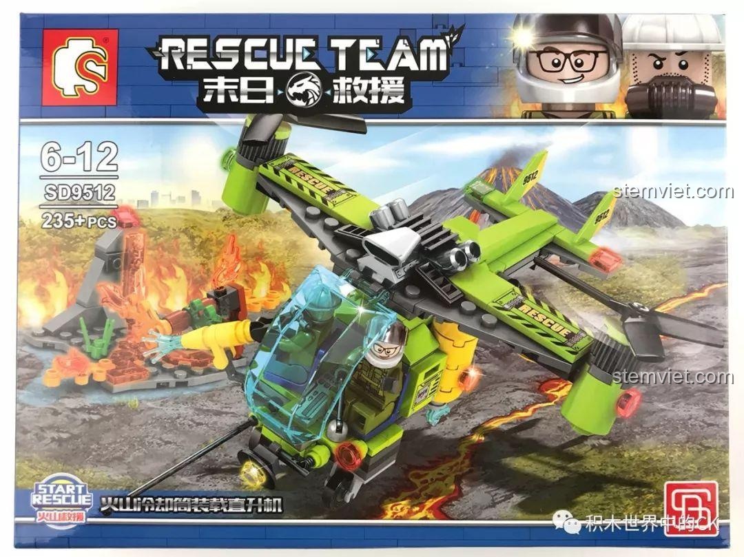 Poster quảng cáo dòng sản phẩm đồ chơi lắp ráp Sembo Rescue Team với 4 mẫu xe và trực thăng cứu hộ khác nhau.