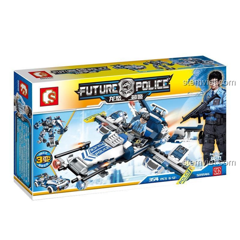 Hộp bộ lắp ráp SEMBO SD9546 Cảnh sát Tương lai Biến hình 3 trong 1, hiển thị các dạng Robot, Máy bay và Xe cảnh sát, phù hợp bé trai 6 tuổi, giá tốt.