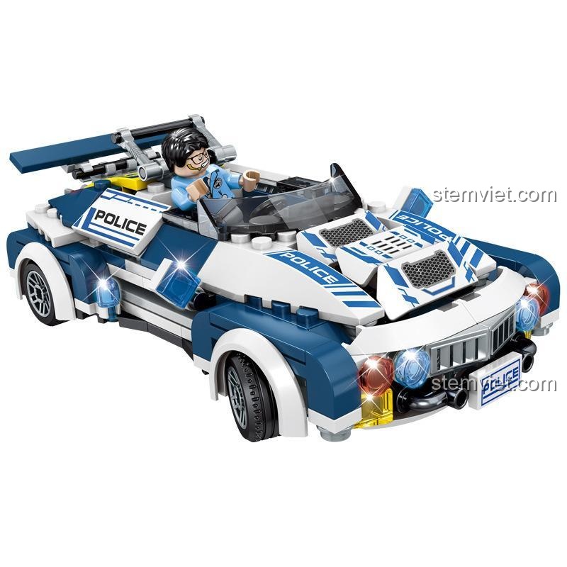 Mô hình Xe Tuần tra Cảnh sát SEMBO SD9546 với minifigure, màu sắc chủ đạo xanh dương, trắng, đen, bộ đồ chơi xây dựng cho bé trai 6 tuổi.