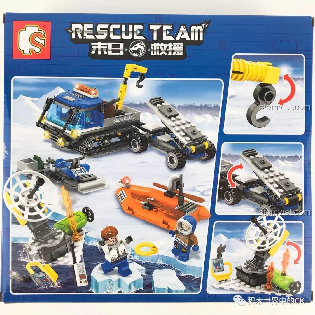 Mặt sau hộp đồ chơi lắp ráp SEMBO SD9549 Xe Cứu Hộ Cực Địa, thể hiện các tính năng nổi bật của mô hình.