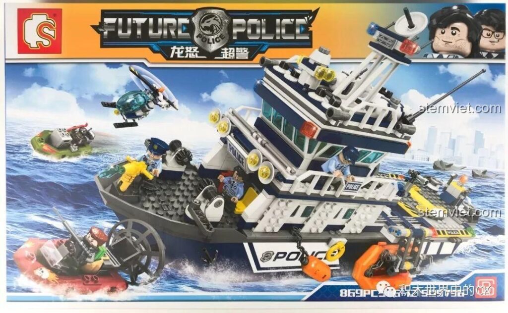 Hộp đồ chơi lắp ráp Tàu Tuần Tra Cảnh Sát SD9796 của SEMBO với hình ảnh tàu cảnh sát đang truy đuổi tội phạm trên biển.