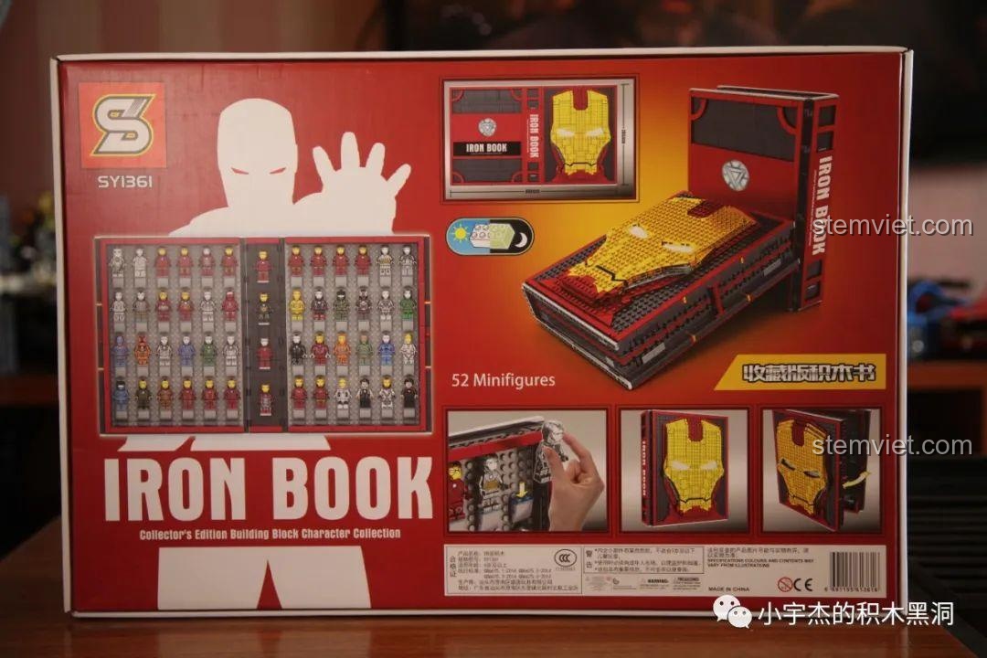 Mặt sau hộp bộ lắp ráp Sheng Yuan SY 1361 Iron Book trưng bày 52 minifigures và các tính năng.