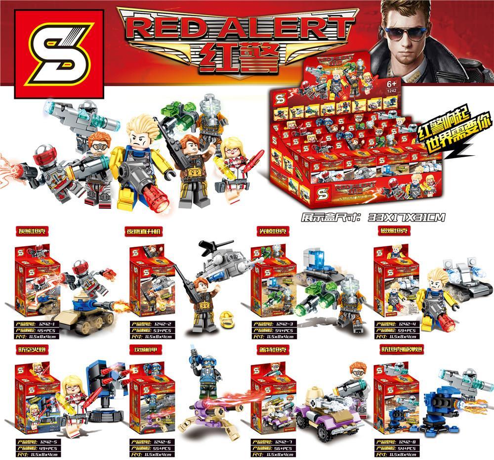 Bộ lắp ráp Shengyuan 1242 chủ đề game Red Alert với 8 hộp nhỏ, gồm xe tăng và trực thăng, dành cho bé trai 6 tuổi.