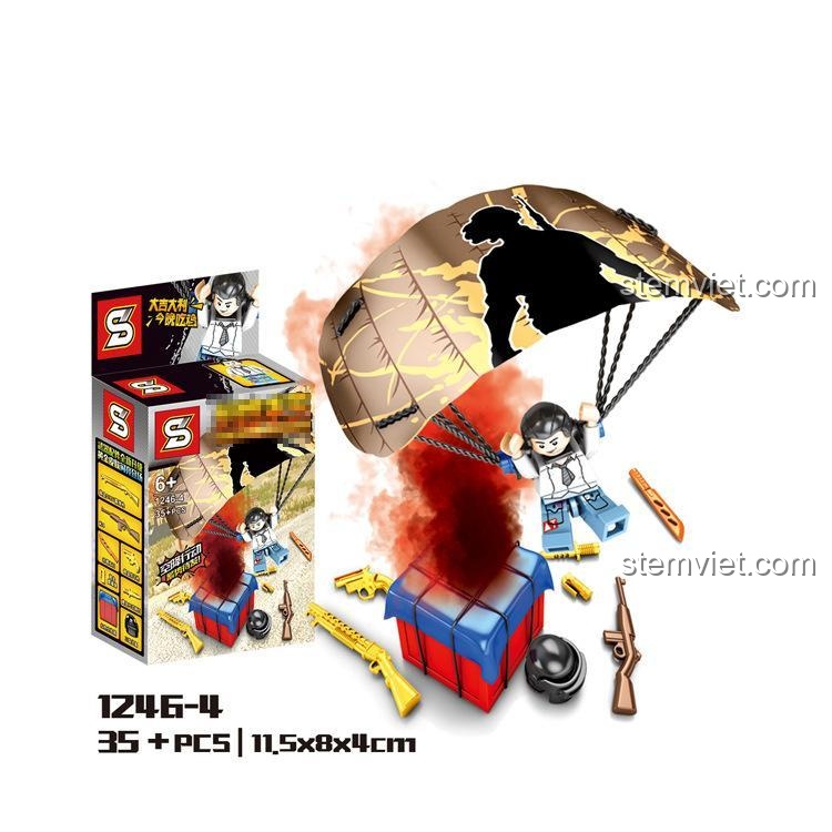 Nữ lính dù đang bung dù nhảy khỏi hòm thính trong bộ đồ chơi Shengyuan 1246-4. Món quà hấp dẫn cho bé trai 6 tuổi.
