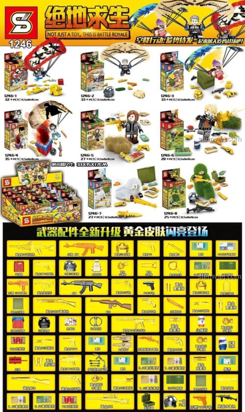Toàn cảnh 8 mẫu minifigure và kho vũ khí vàng của bộ đồ chơi mô hình Lính nhảy dù PUBG 1246. Món quà sáng tạo cho con trai.
