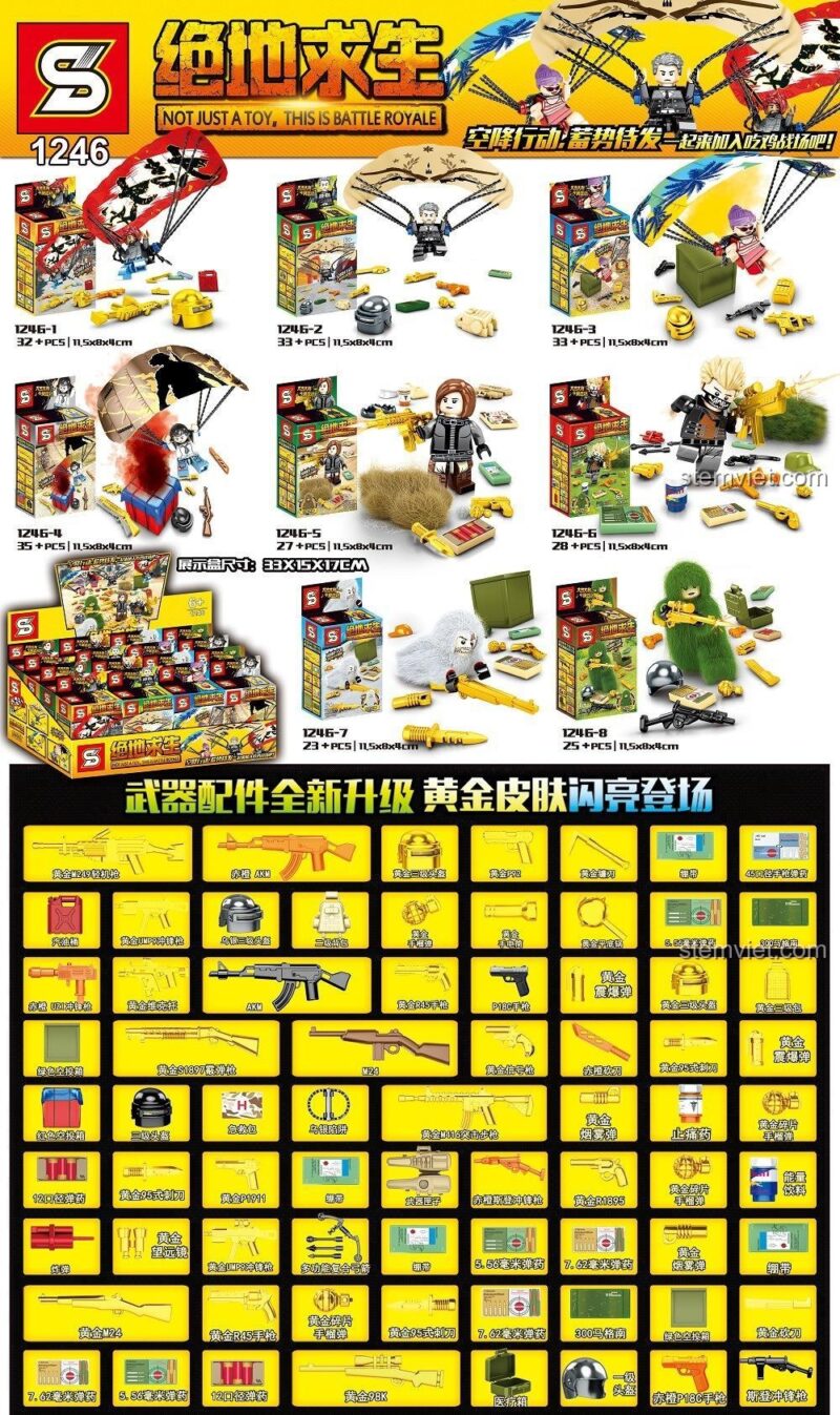 Toàn cảnh 8 mẫu minifigure và kho vũ khí vàng của bộ đồ chơi mô hình Lính nhảy dù PUBG 1246. Món quà sáng tạo cho con trai.