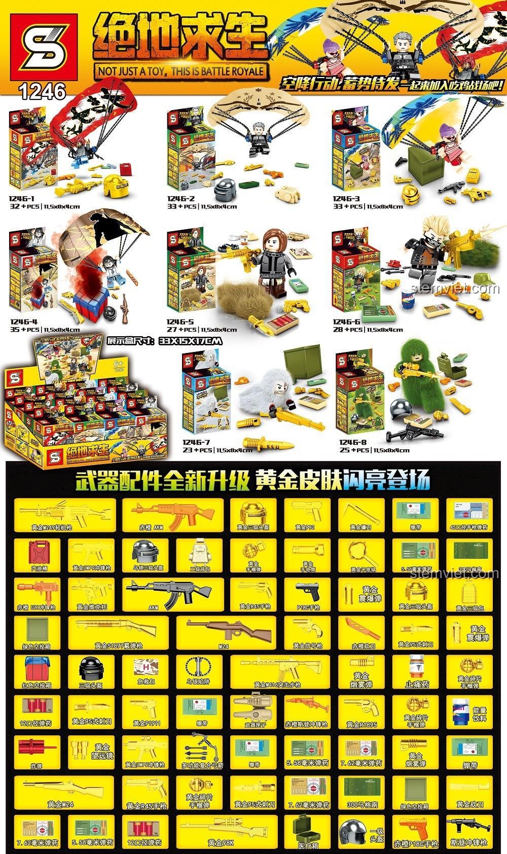 Toàn cảnh 8 mẫu minifigure và kho vũ khí vàng của bộ đồ chơi mô hình Lính nhảy dù PUBG 1246. Món quà sáng tạo cho con trai.
