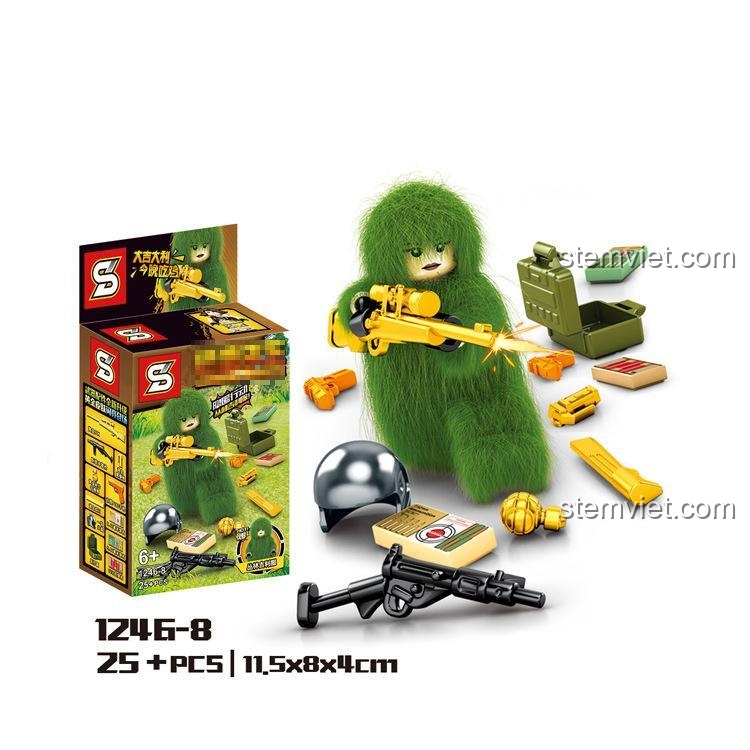 Cận cảnh minifigure Lính Ghillie Suit từ bộ lắp ráp Shengyuan 1246-8. Đồ chơi mô hình Biệt đội lính dù Battle Royale chất lượng.