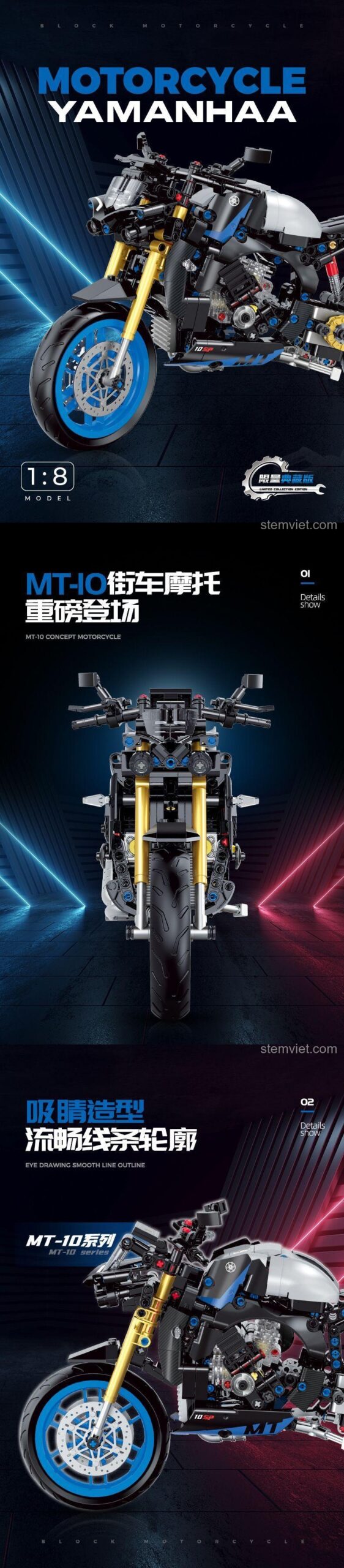 Mô hình Xe Mô Tô Yamaha MT10 Shuanggao Blocks 60509 với chi tiết phuộc nhún và bánh xe xanh nổi bật, đồ chơi lắp ráp kỹ thuật cho bé trai 8 tuổi.