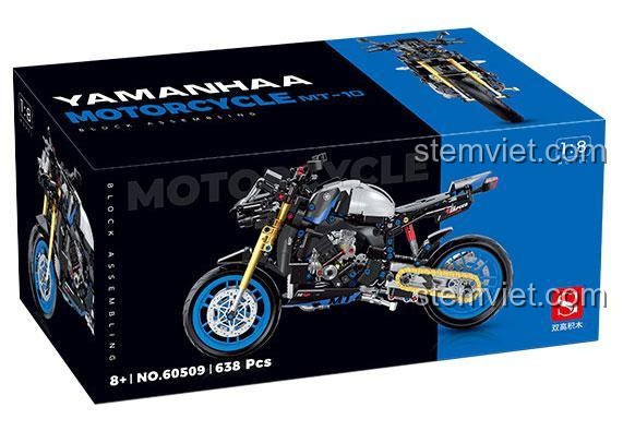 Hộp đồ chơi mô hình Shuanggao Blocks 60509 Xe Mô Tô Yamaha MT10, thể hiện rõ tỉ lệ 1:8 và 638 mảnh ghép, món quà giá tốt cho bé trai đam mê tốc độ.
