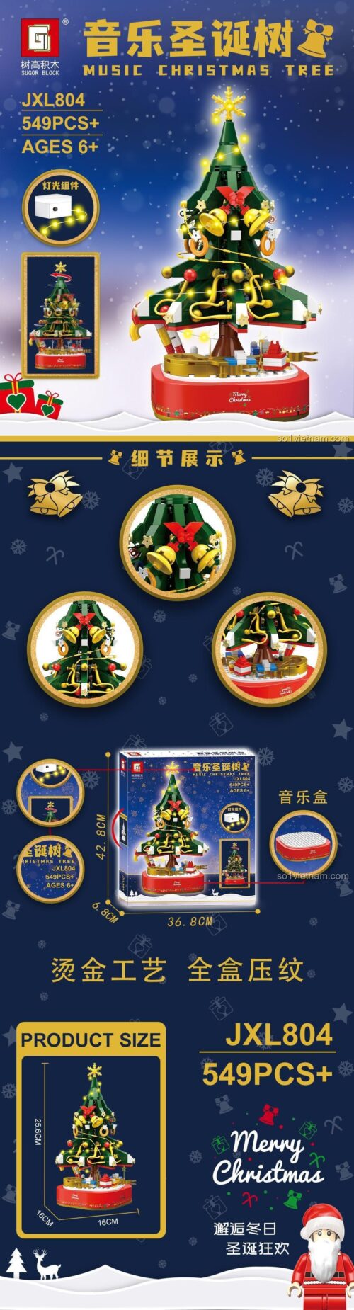 Mô hình Shu Gao Blocks JXL804 Cây Thông Noel Âm Nhạc với các chi tiết đèn LED, hộp nhạc, kích thước mô hình 16x16x25.6cm, hộp 36.8x42.8x6.8cm, đồ chơi xếp hình chất lượng cao cho trẻ em 6 tuổi.