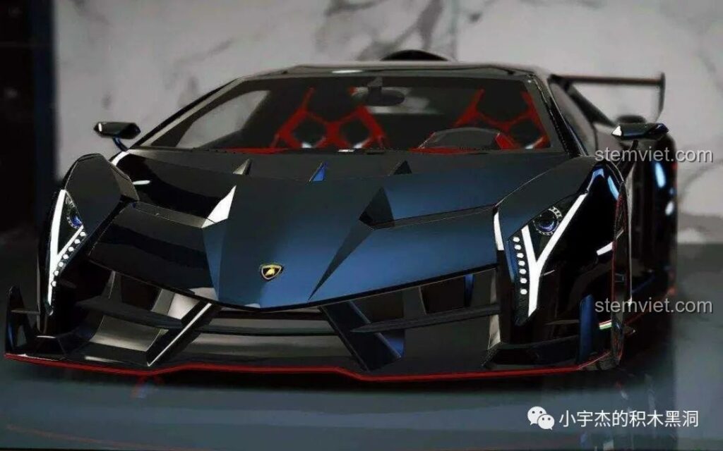 Hình ảnh thực tế của siêu xe Lamborghini Veneno với thiết kế khí động học màu đen mạnh mẽ, làm cảm hứng cho bộ lắp ráp K-box 10222.