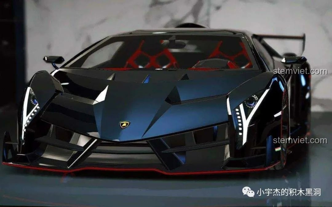 Hình ảnh thực tế của siêu xe Lamborghini Veneno với thiết kế khí động học màu đen mạnh mẽ, làm cảm hứng cho bộ lắp ráp K-box 10222.