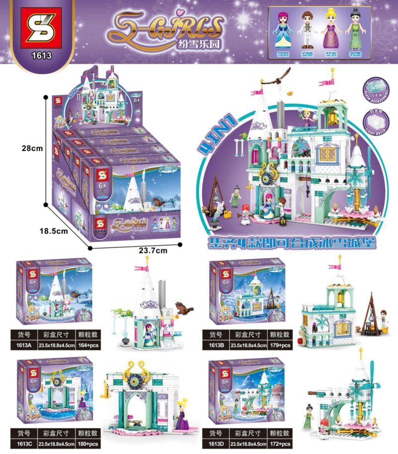 Bộ lắp ghép Lâu đài băng giá Sluban 1613, đồ chơi xếp hình S-Girls 4 trong 1, có đèn LED và chi tiết lấp lánh, phù hợp bé gái 6 tuổi, giá tốt.