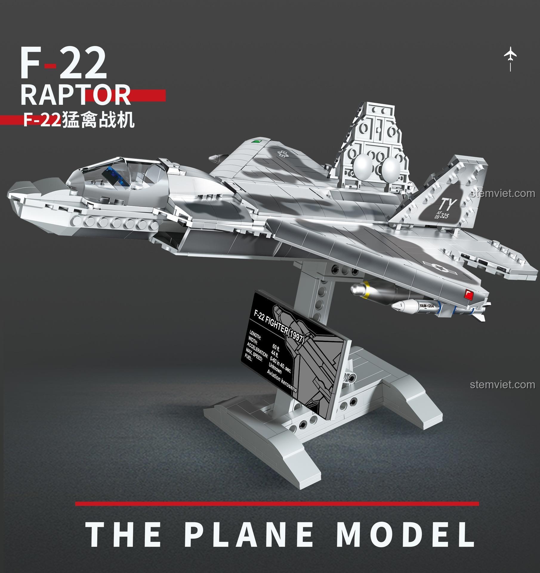 Mô hình máy bay chiến đấu F-22 Raptor Sluban 88001 trên giá đỡ