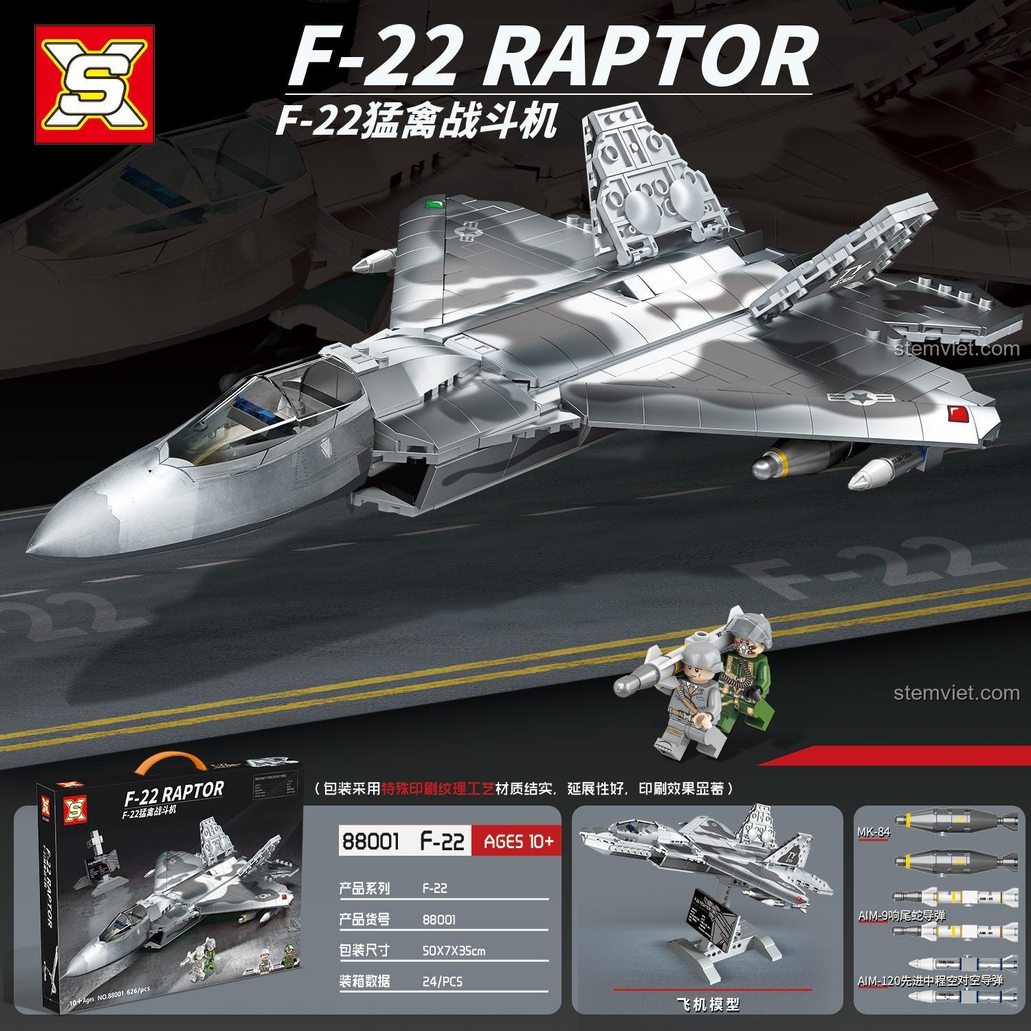 Hộp sản phẩm máy bay chiến đấu F-22 Raptor Sluban 88001