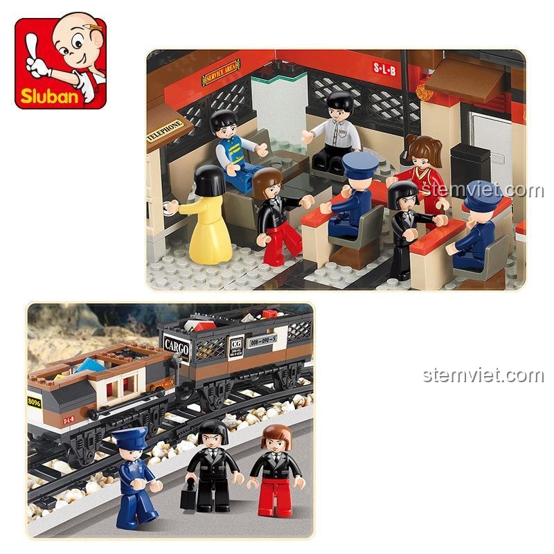 Bộ xếp hình Ga Tàu Hỏa Sluban M38-B0236 Liên Minh Thám Hiểm với các minifigure và chi tiết toa tàu, giúp bé trai 6 tuổi phát triển tư duy.