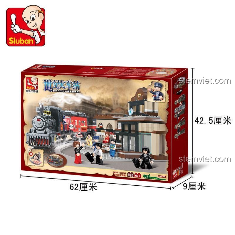 Hộp đồ chơi lắp ghép Sluban M38-B0236 Ga Tàu Hỏa Thế Kỷ Liên Minh Thám Hiểm hiển thị kích thước, lựa chọn tiết kiệm cho bé trai.