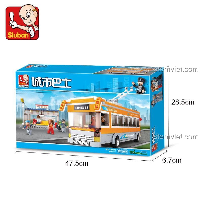 Sluban M38-B0332 hộp đồ chơi xe buýt điện thành phố, kích thước hộp 47.5x28.5x6.7cm, bộ lắp ghép 457 chi tiết