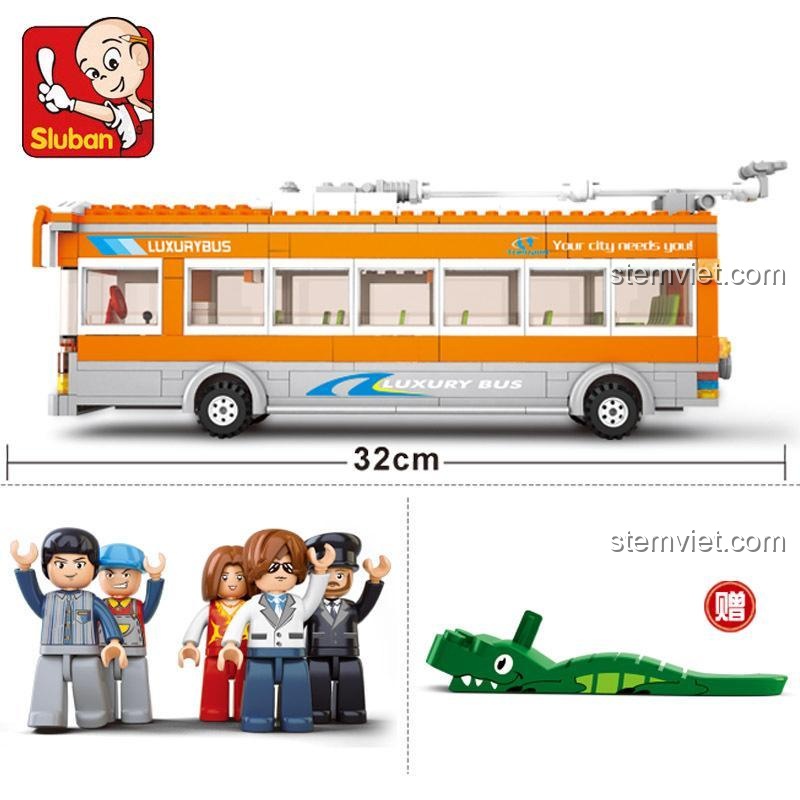 Sluban M38-B0332 xe buýt điện thành phố dài 32cm, bộ lắp ráp 457 mảnh cho bé trai, đồ chơi phát triển trí tuệ