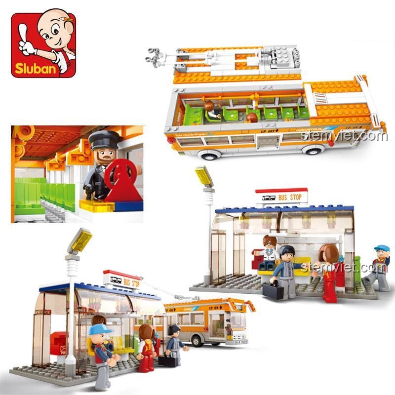 Sluban M38-B0332 bộ đồ chơi xe buýt điện thành phố, chi tiết nội thất và trạm xe buýt, đồ chơi xây dựng cho bé trai 6 tuổi