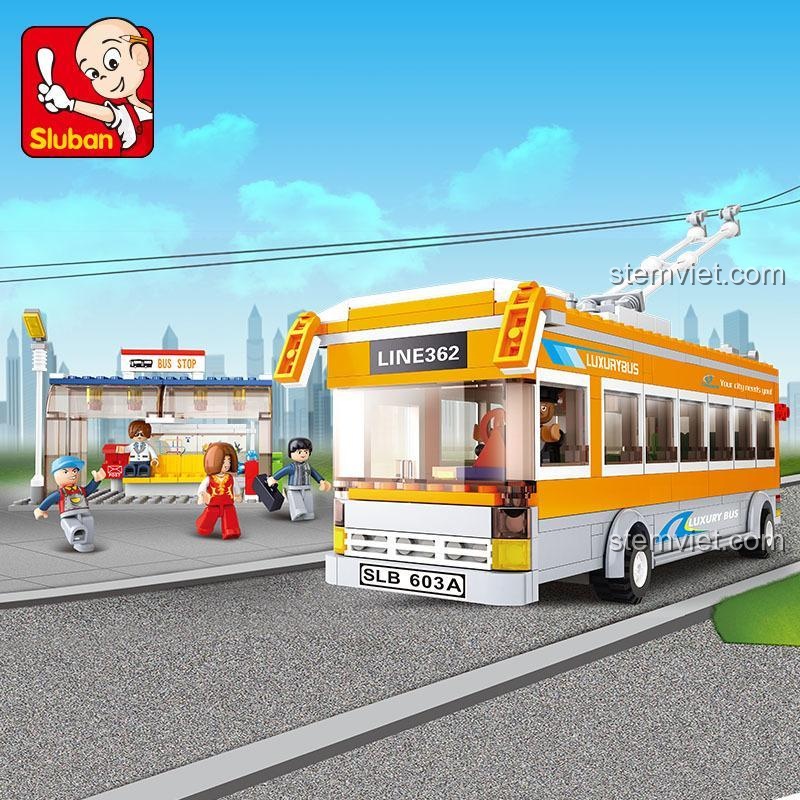 Sluban M38-B0332 đồ chơi mô hình xe buýt điện thành phố, cảnh quan thành phố với trạm dừng xe buýt, bộ lắp ghép cho trẻ em